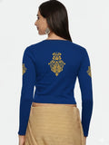 Women Back Printed Stretchable Full Sleeve V Neck RIB Blouse U0189 Royal Blue