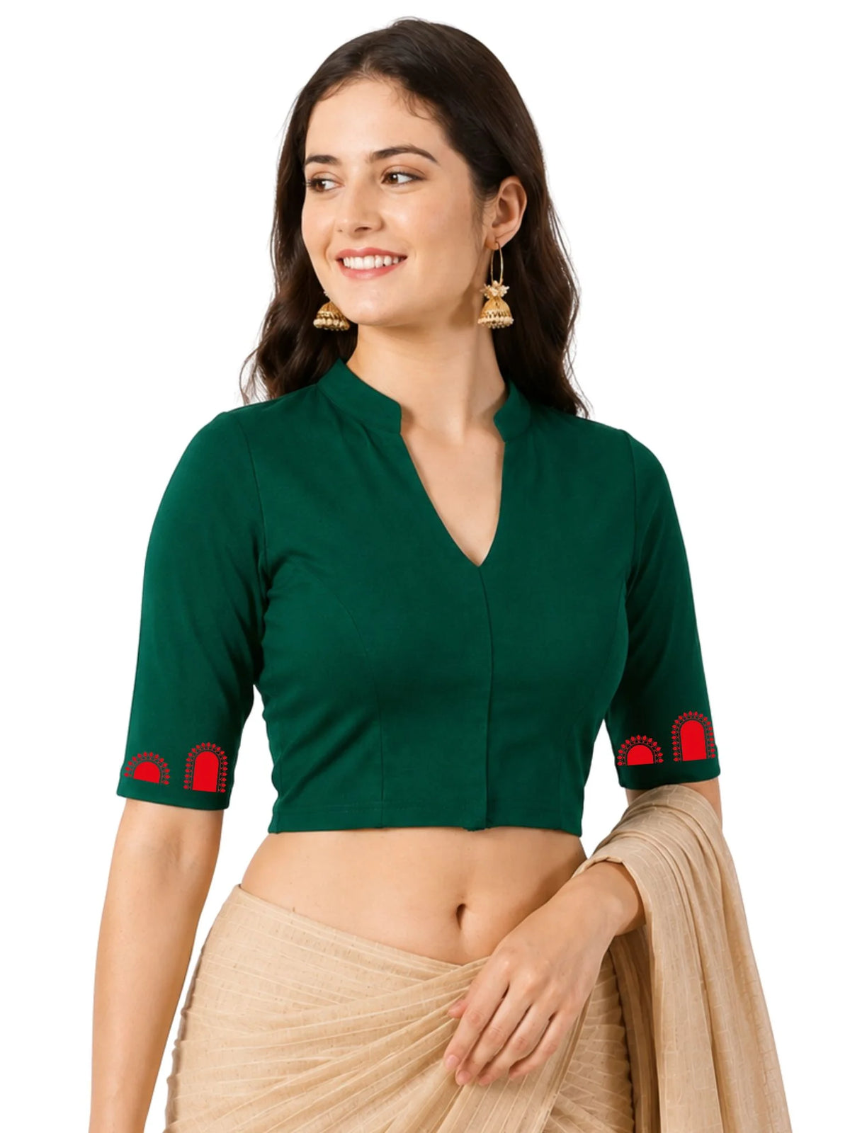 Women Mandarin Collar Back Printed Stretchable Elbow Sleeve Blouse U0274 Bottle Green