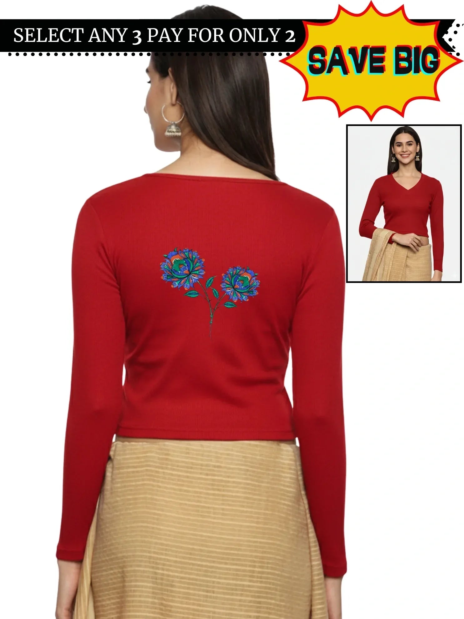 Women Back Printed Stretchable Full Sleeve V Neck RIB Blouse U0216 - notyetbyus