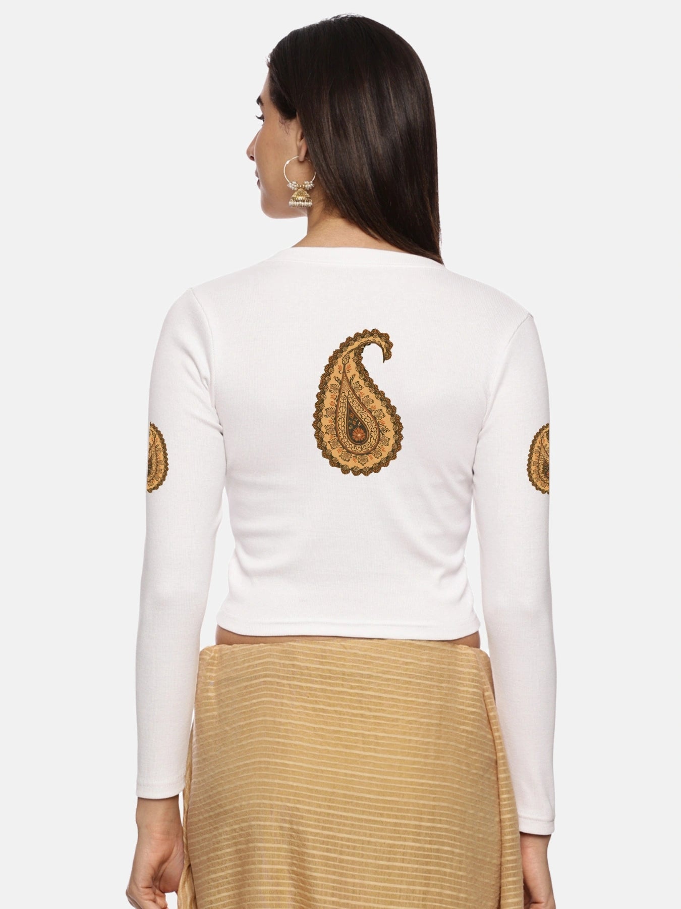 Women Back Printed Stretchable Full Sleeve V Neck RIB Blouse U0186