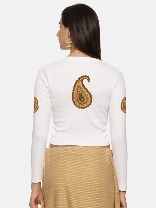 Women Back Printed Stretchable Full Sleeve V Neck RIB Blouse U0186 - notyetbyus