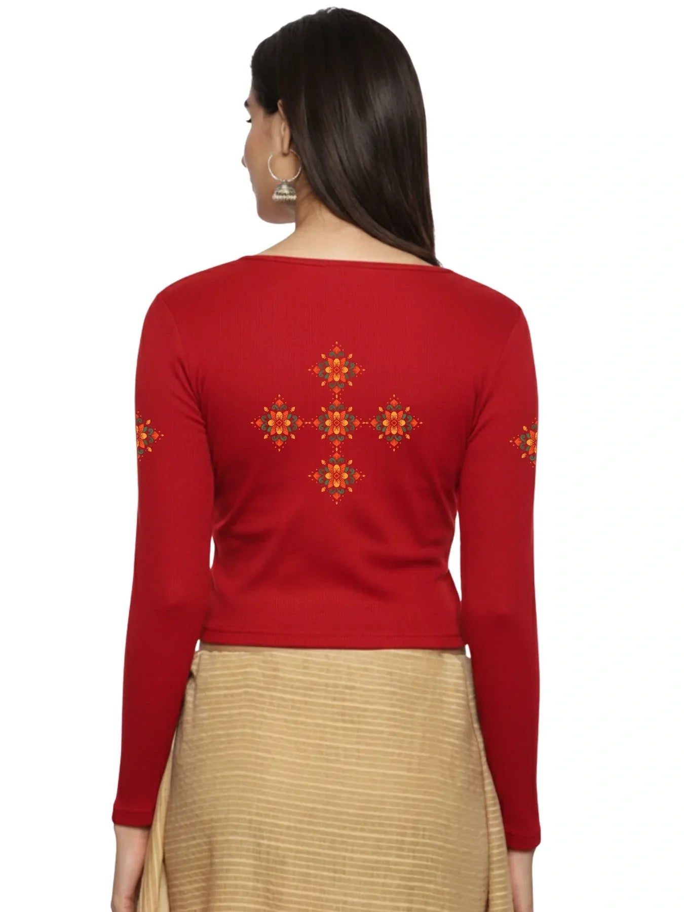 Women Back Printed Stretchable Full Sleeve V Neck RIB Blouse U0215 - notyetbyus