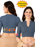 Women Mandarin Collar Back Printed Stretchable Elbow Sleeve Blouse U0281 Elephant Grey