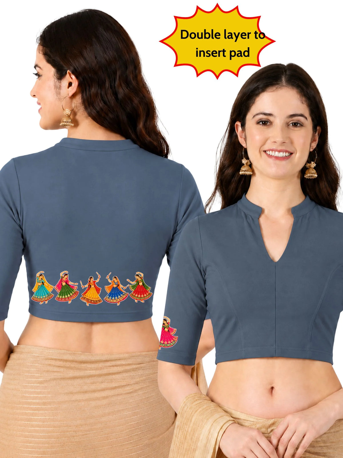 Women Mandarin Collar Back Printed Stretchable Elbow Sleeve Blouse U0281 Elephant Grey