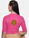 Women Back Printed Stretchable Elbow Sleeve RIB Blouse U0129R Bubble Gum