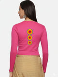 Women Back Printed Stretchable Full Sleeve V Neck RIB Blouse U0213 Rani Pink