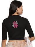 Women Back Printed Stretchable Elbow Sleeve RIB Blouse U0253 Black