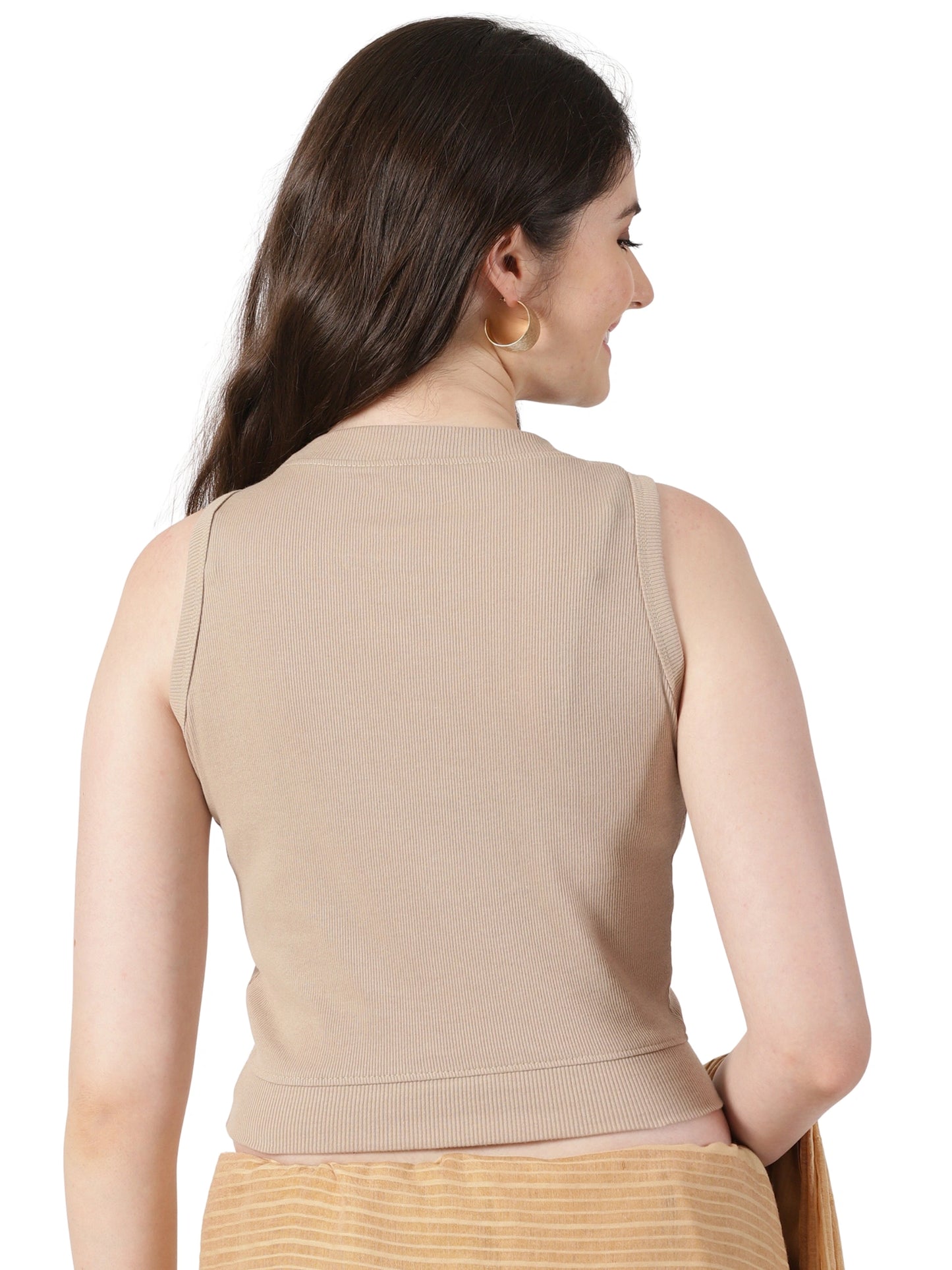 Women Plain Stretchable Sleeveless Close Neck RIB Blouse U0241 Chikoo