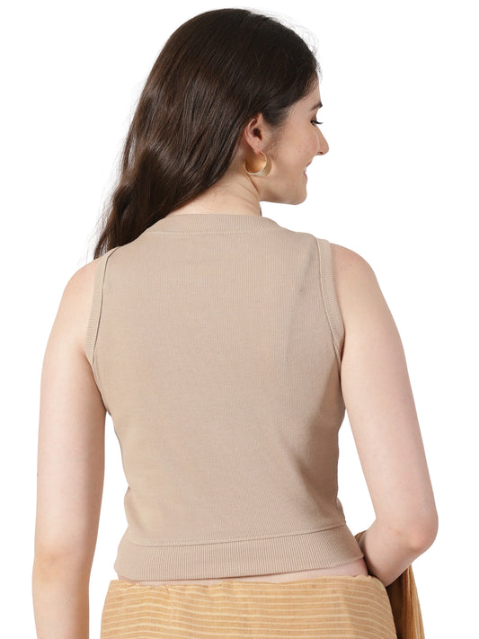 Women Plain Stretchable Sleeveless Close Neck RIB Blouse U0241 Chikoo