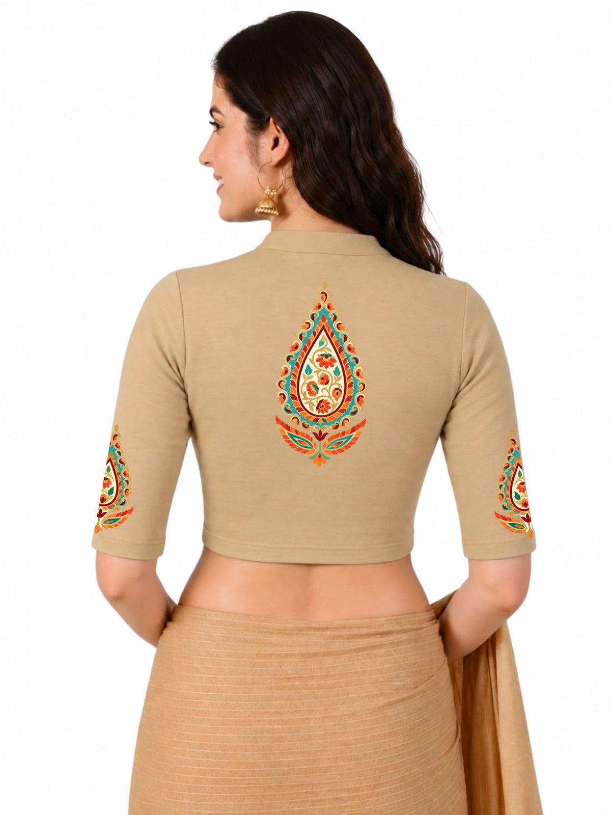 Women Mandarin Collar Back Printed Stretchable Elbow Sleeve Blouse U0279 Beige