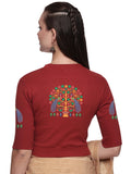 Women Back Printed Stretchable Elbow Sleeve RIB Blouse U0254 Terracotta Red