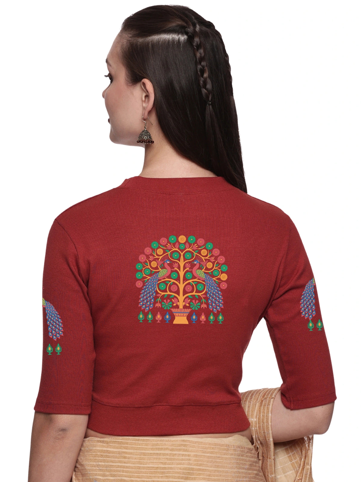 Women Back Printed Stretchable Elbow Sleeve RIB Blouse U0254 Terracotta Red