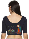 Women Back Printed Stretchable Half Sleeve Blouse U0223 Navy