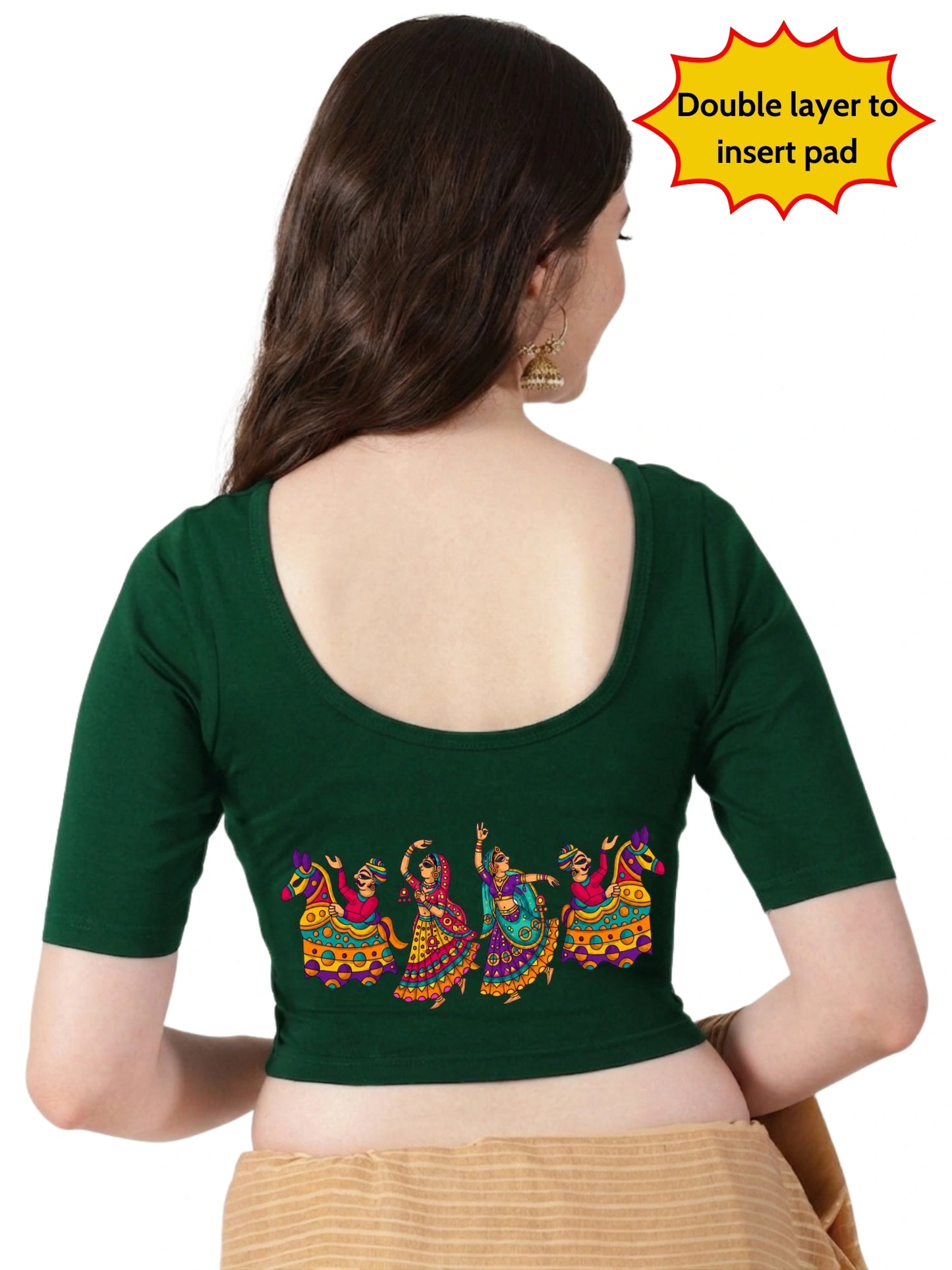 Women Front Open Back Printed Stretchable Half Sleeve Blouse U0260 Bottle Green