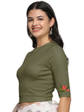 Women Back Printed Stretchable Elbow Sleeve RIB Blouse U0115 Olive Green