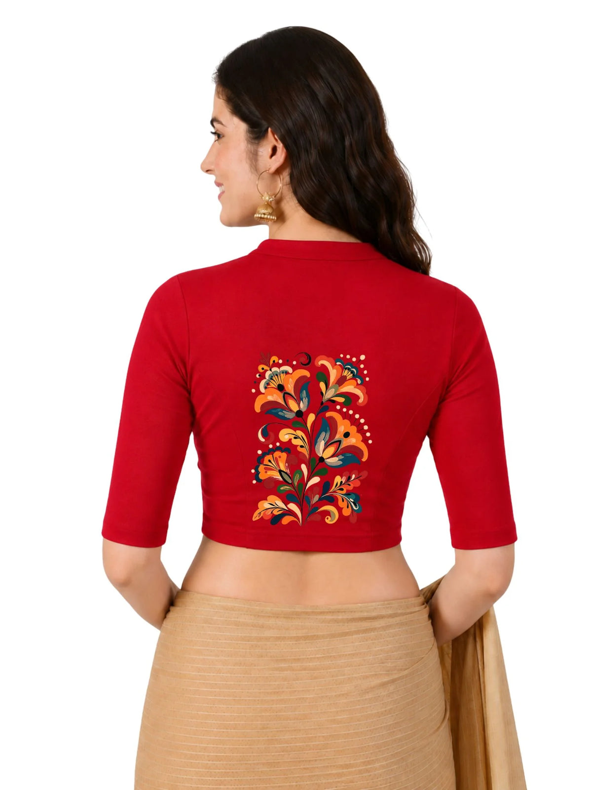 Women Mandarin Collar Back Printed Stretchable Elbow Sleeve Blouse U0270 Red