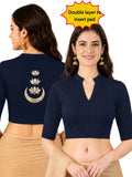 Women Mandarin Collar Back Gold Printed Stretchable Elbow Sleeve Blouse M0283 Navy