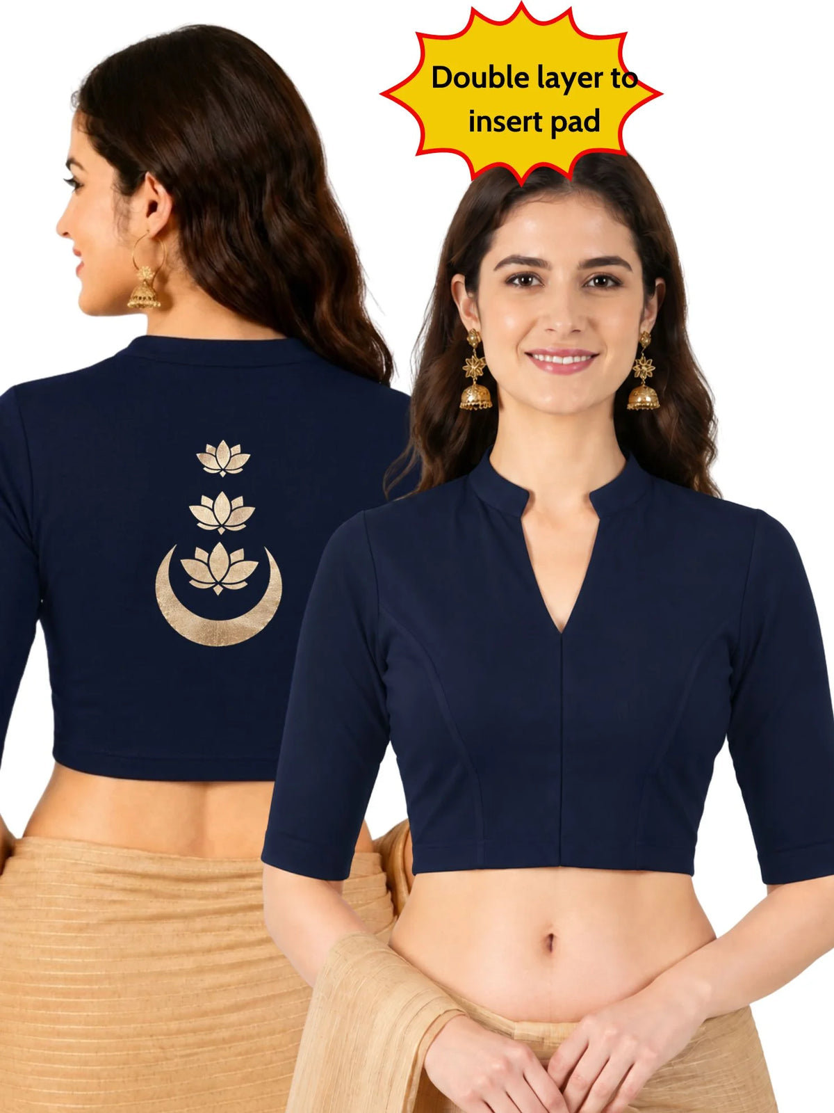 Women Mandarin Collar Back Gold Printed Stretchable Elbow Sleeve Blouse M0283 Navy