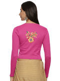 Women Back Printed Stretchable Full Sleeve V Neck RIB Blouse U0214 Rani Pink