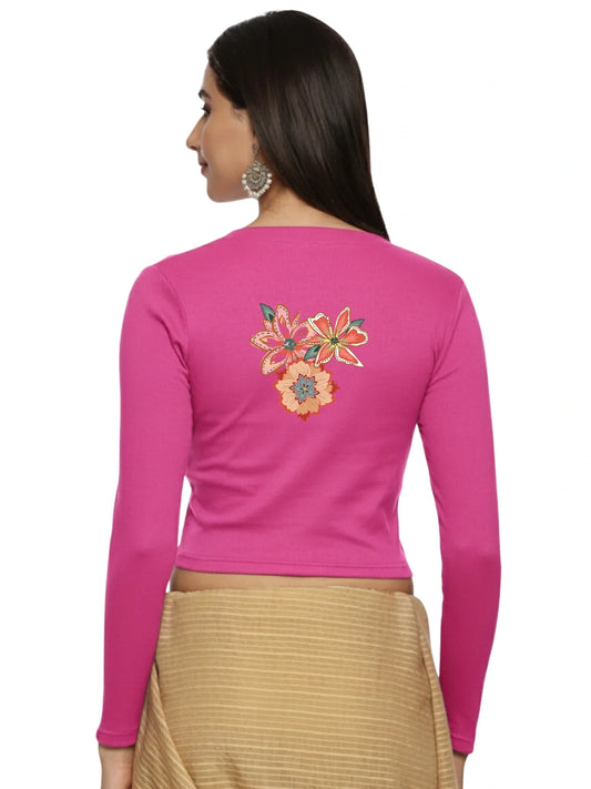 Women Back Printed Stretchable Full Sleeve V Neck RIB Blouse U0214 - notyetbyus