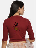 Women Back Printed Stretchable Elbow Sleeve RIB Blouse U0221 Maroon