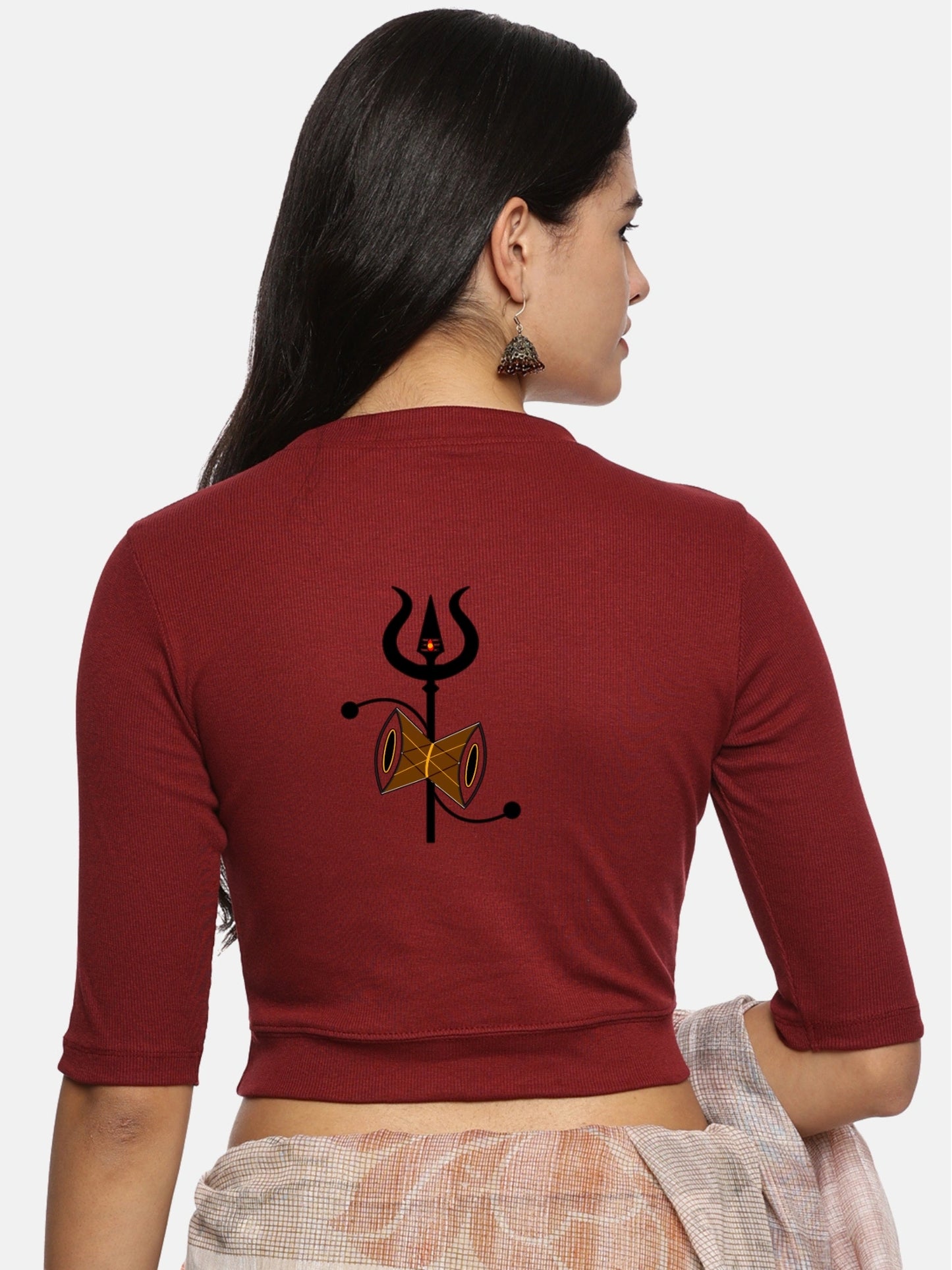 Women Back Printed Stretchable Elbow Sleeve RIB Blouse U0221 Maroon