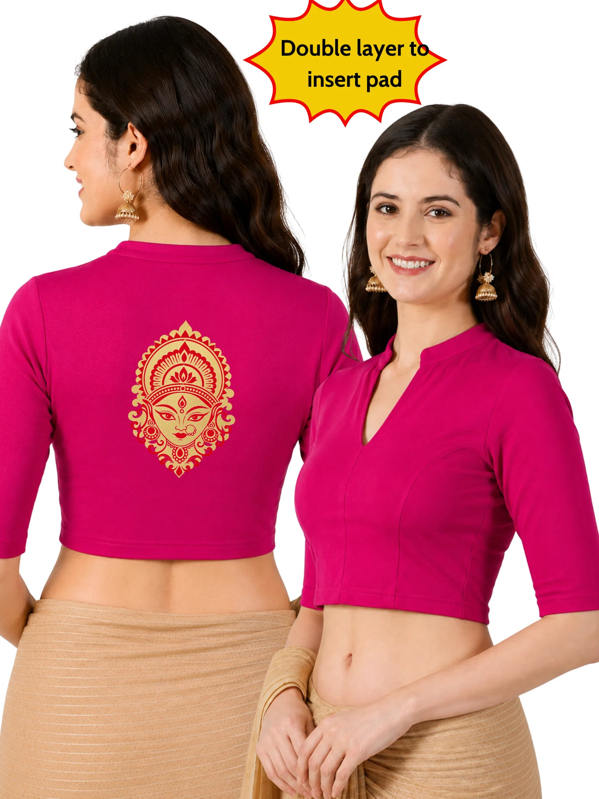 Women Mandarin Collar Back Gold Printed Stretchable Elbow Sleeve Blouse M0277 Rani Pink (Copy)