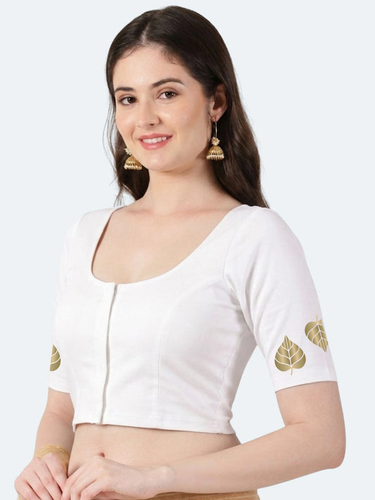 Women Front Open Back Gold Printed Stretchable Half Sleeve Blouse M0276 White