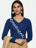 Women Back Printed Stretchable Full Sleeve V Neck RIB Blouse U0219 Royal Blue