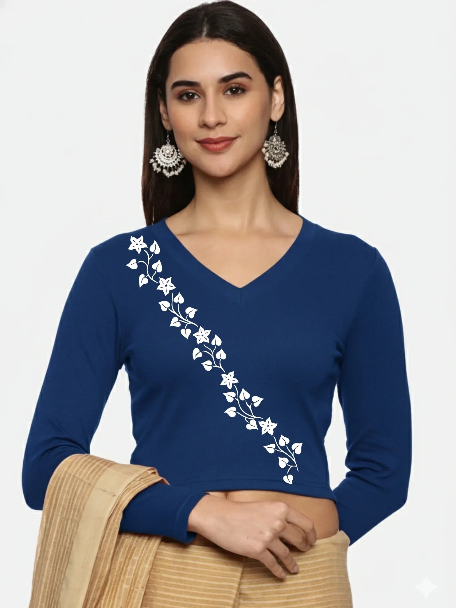 Women Back Printed Stretchable Full Sleeve V Neck RIB Blouse U0219 - notyetbyus