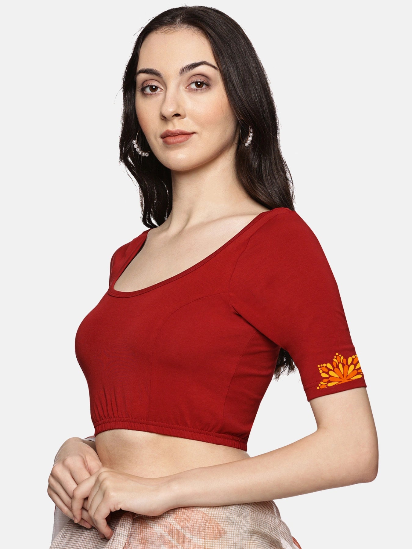 Women Back Printed Stretchable Half Sleeve Blouse U0175 Brick Red