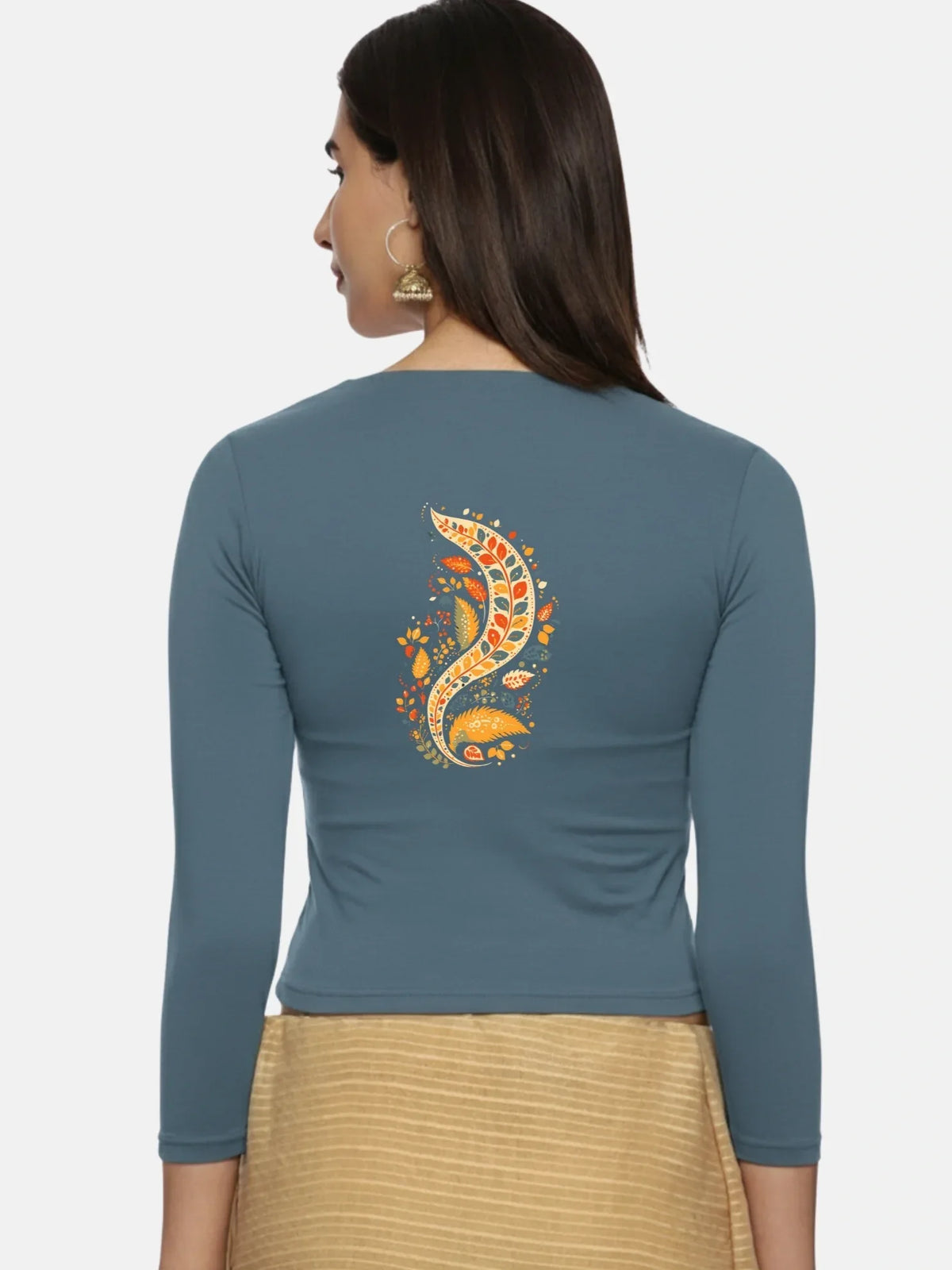Women Three Fourth Sleeve Back Print Stretchable Blouse U0102 - notyetbyus