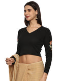 Women Back Printed Stretchable Full Sleeve V Neck RIB Blouse U0211 Black