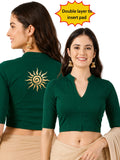 Women Mandarin Collar Back Gold Printed Stretchable Elbow Sleeve Blouse M0282 Bottle Green