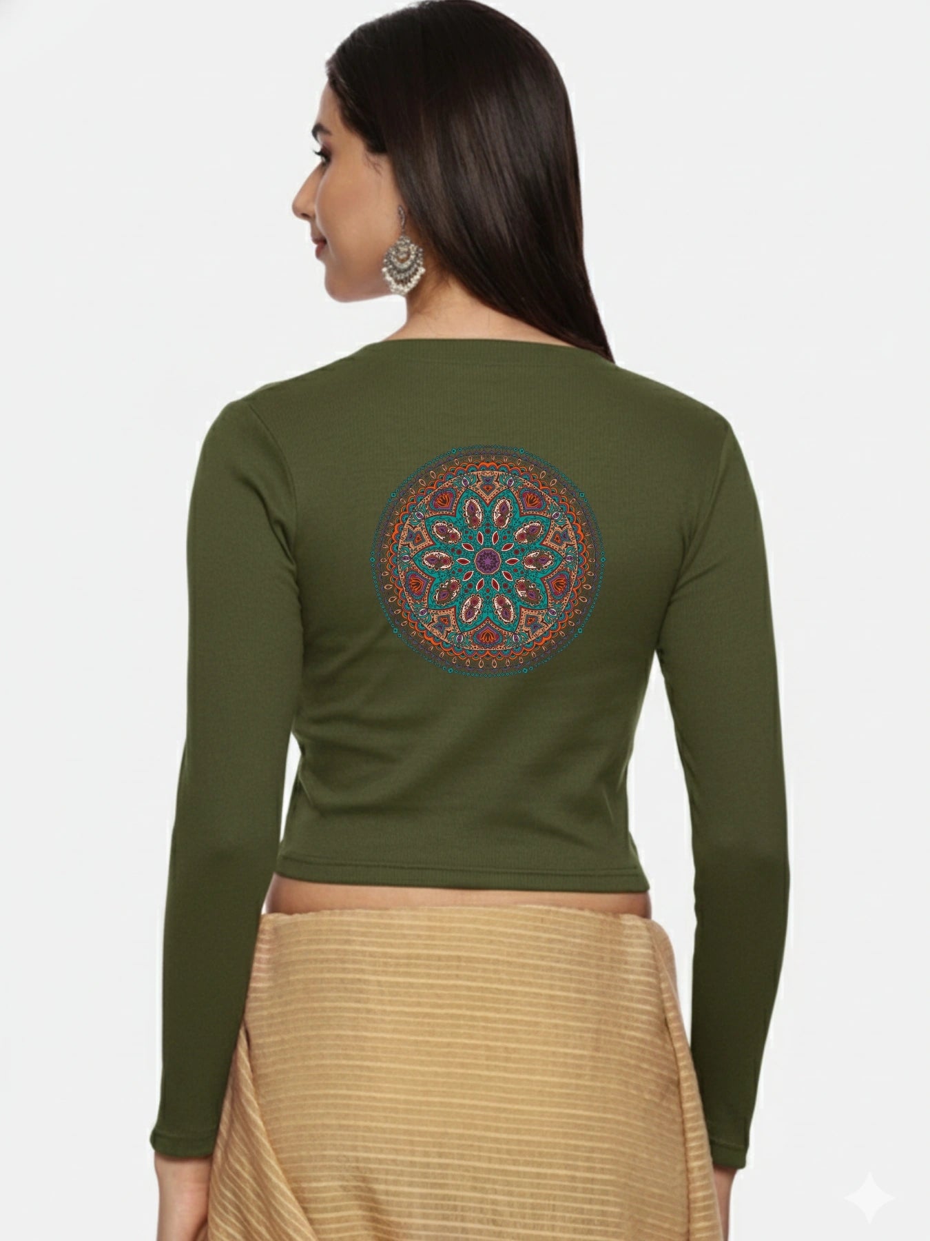 Women Back Printed Stretchable Full Sleeve V Neck RIB Blouse U0188