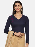 Women Back Printed Stretchable Full Sleeve V Neck RIB Blouse U0212 Navy