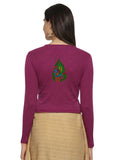 Women Back Printed Stretchable Full Sleeve V Neck RIB Blouse U0187 Wine Pink