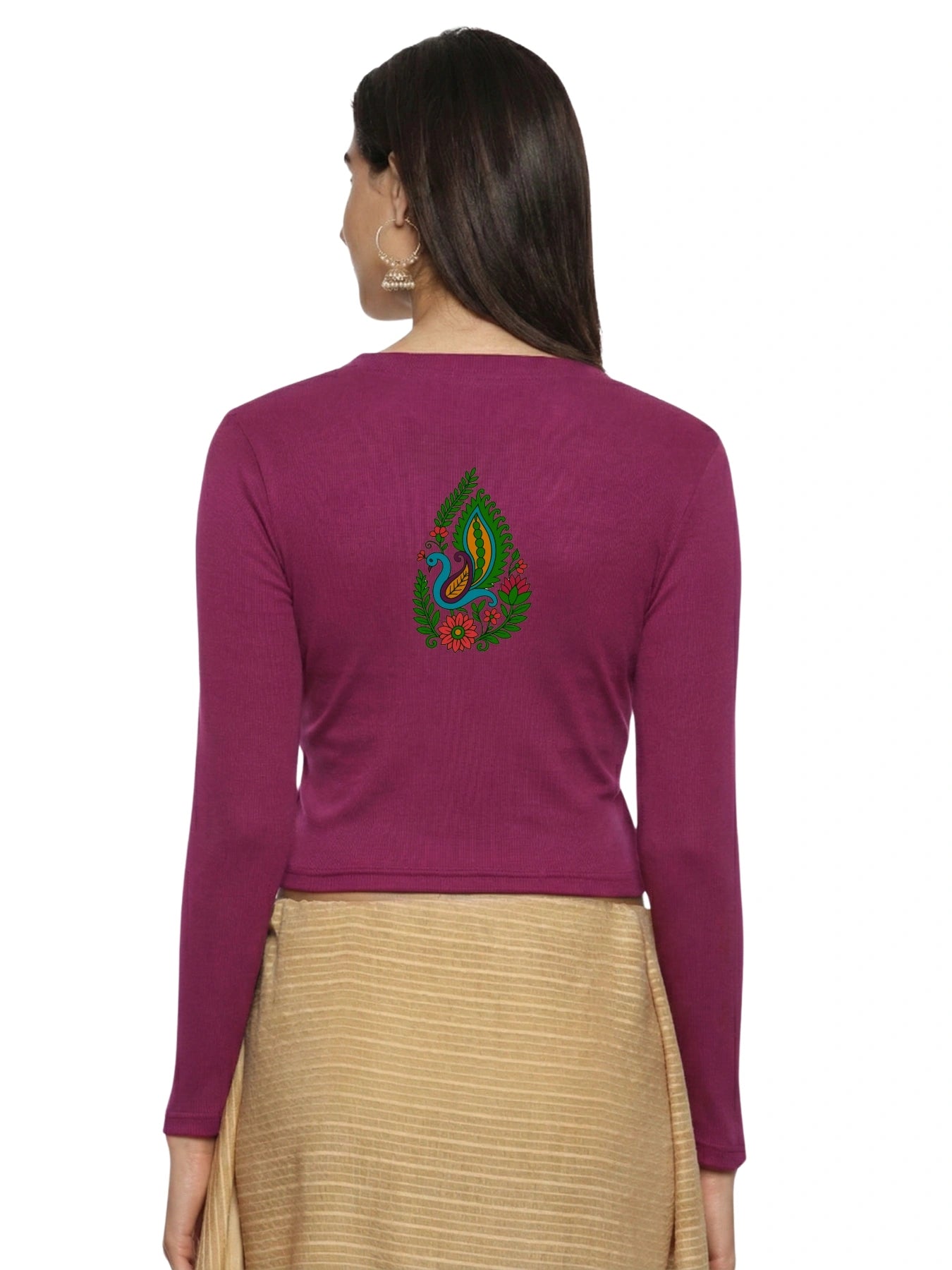 Women Back Printed Stretchable Full Sleeve V Neck RIB Blouse U0187 Wine Pink