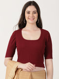 Women Plain Stretchable Rib Square Neck Puff Sleeve Blouse U0251 Maroon
