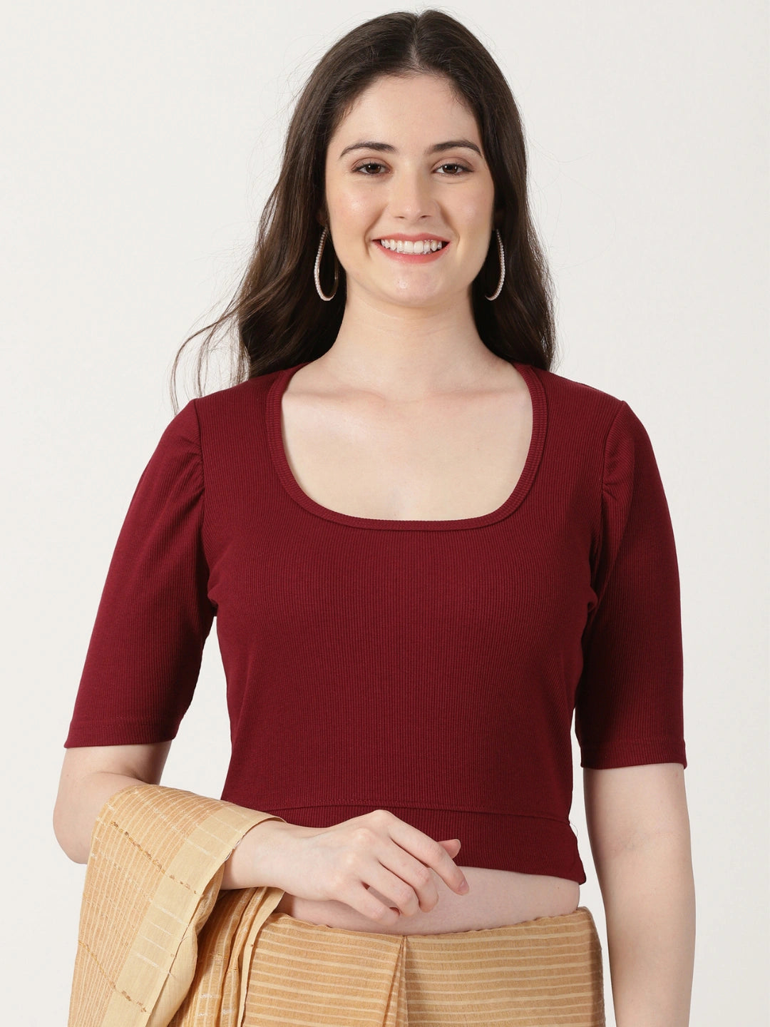 Women Plain Stretchable Rib Square Neck Puff Sleeve Blouse U0251 Maroon