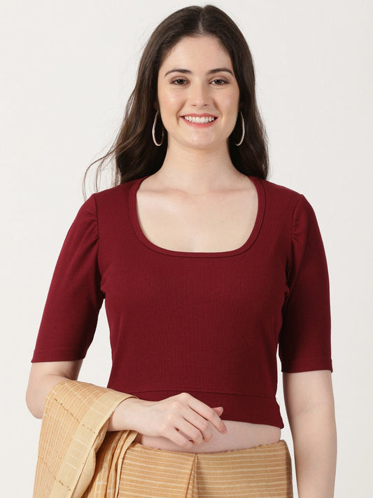 Women Plain Stretchable Rib Square Neck Puff Sleeve Blouse U0251 Maroon