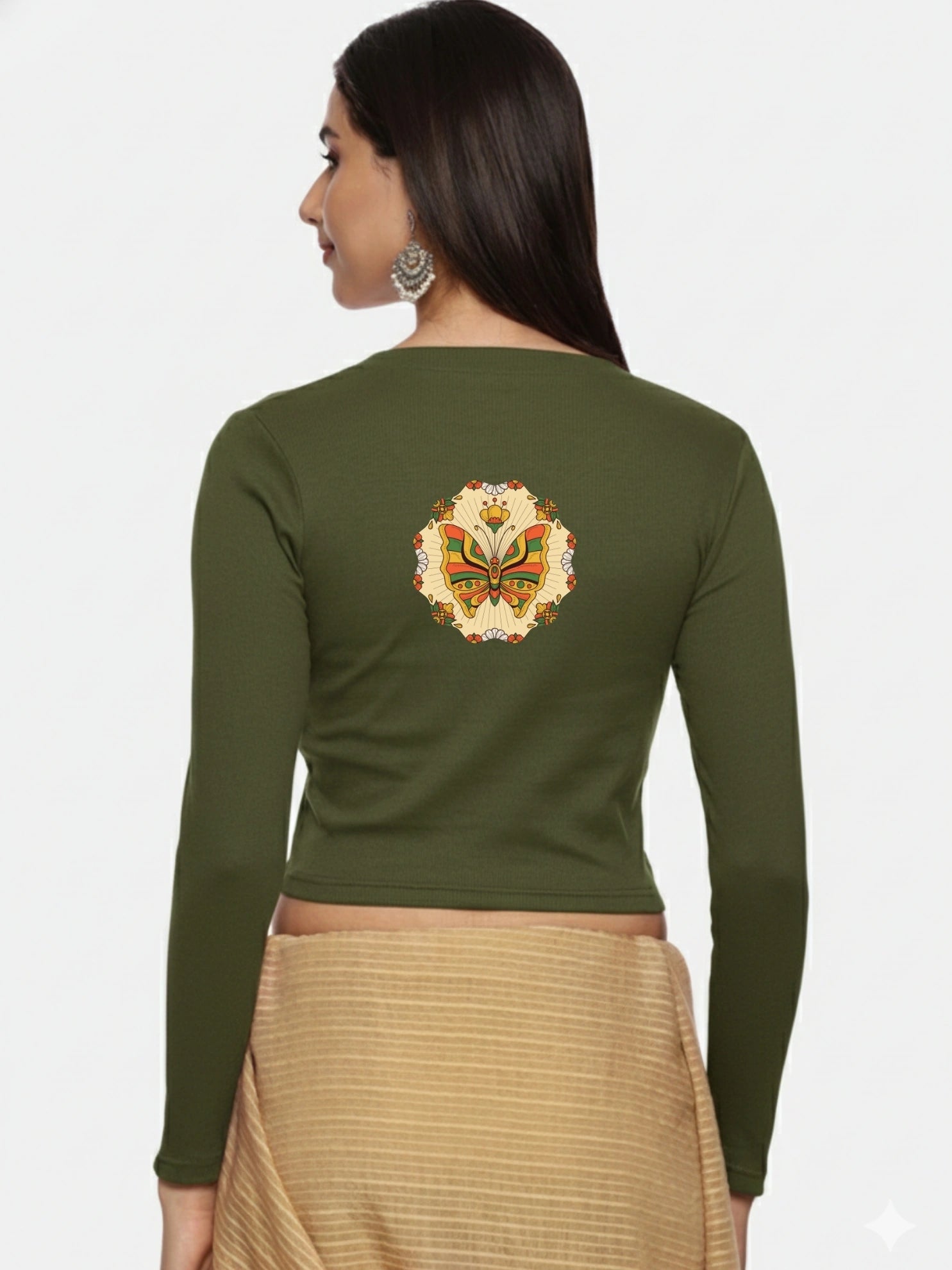 Women Back Printed Stretchable Full Sleeve V Neck RIB Blouse U0184