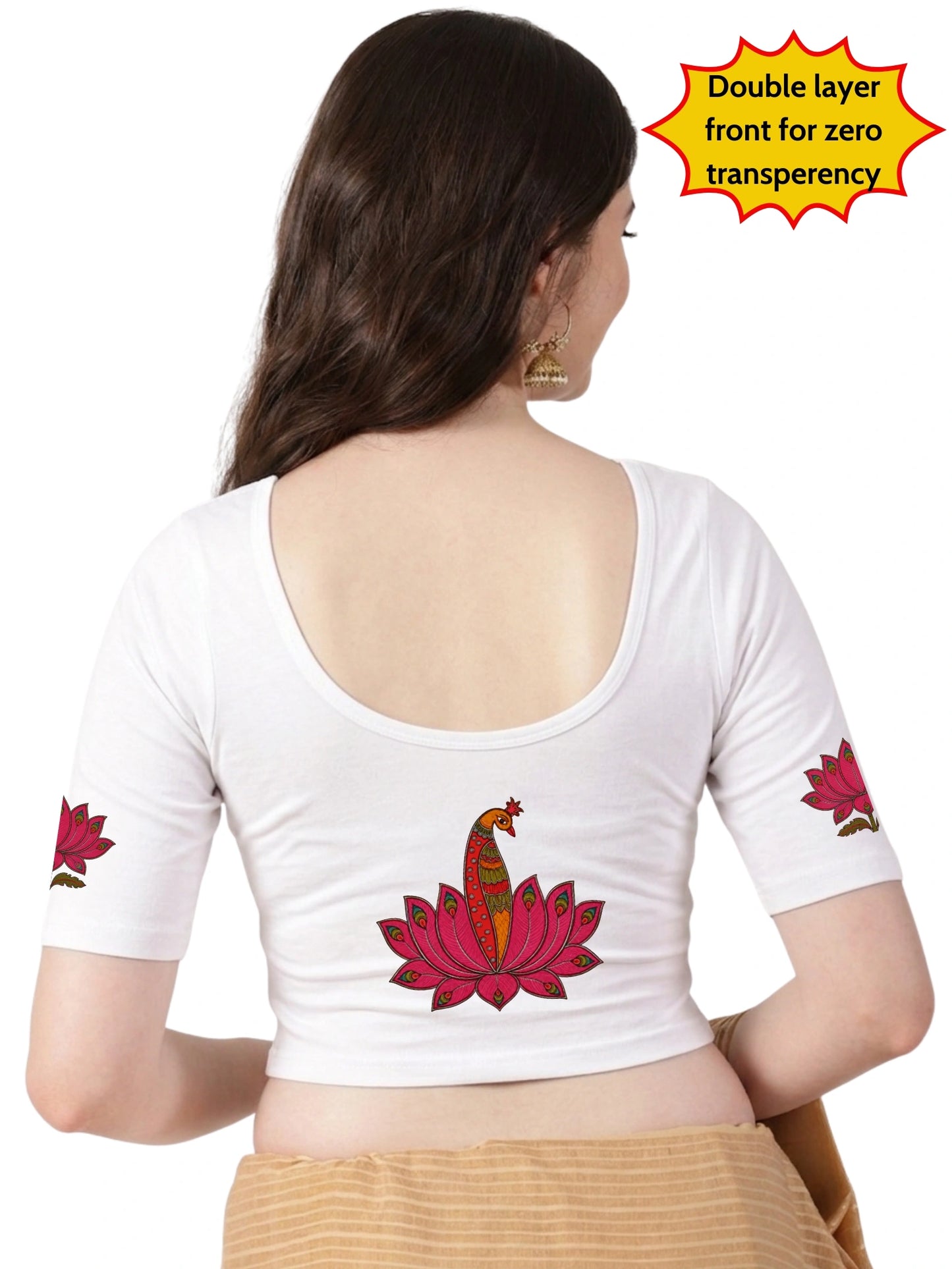 Women Front Open Back Printed Stretchable Half Sleeve Blouse U0259 White