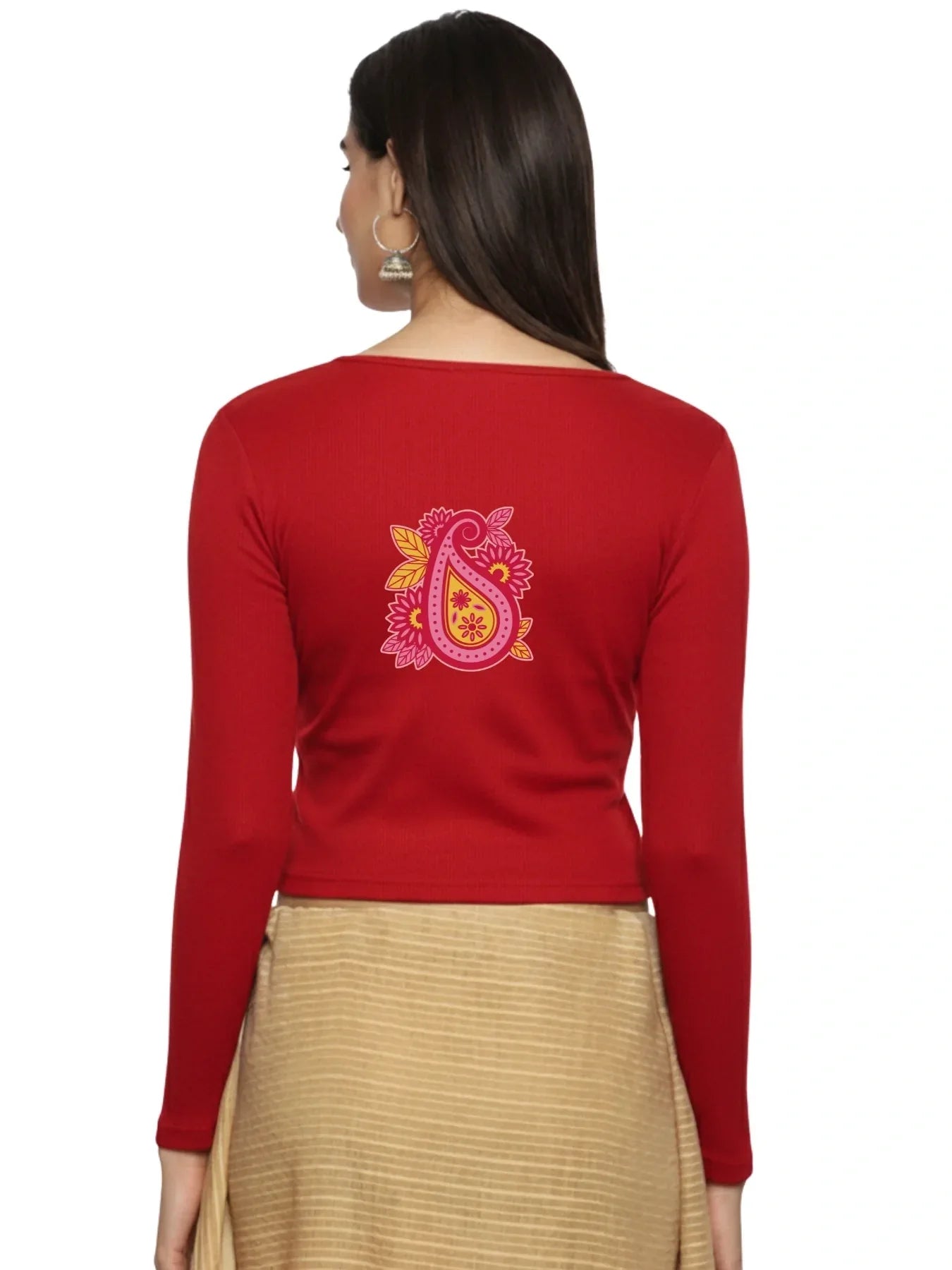 Women Back Printed Stretchable Full Sleeve V Neck RIB Blouse U0218 - notyetbyus