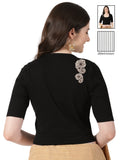 Women Stretchable Rib Square Neck Puff Sleeve Blouse Back Print U0248 Black