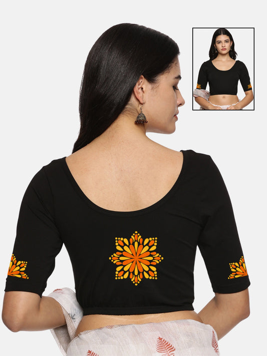 Women Back Printed Stretchable Half Sleeve Blouse U0175 Black