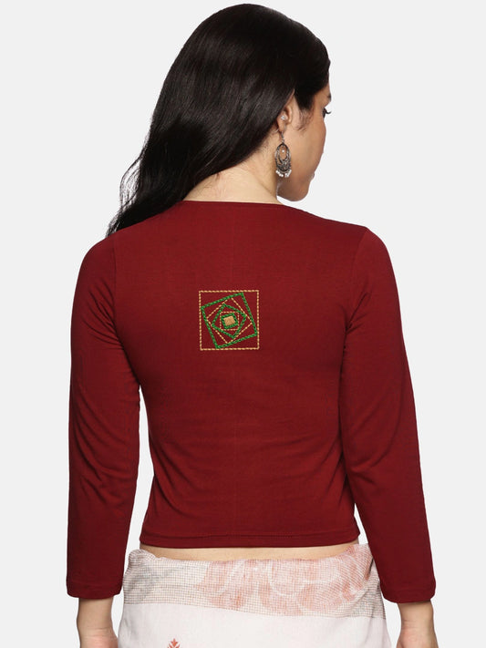 DIY Embroidery Kit with Women Stretchable Three Fourth Sleeve Blouse E05 – Maroon