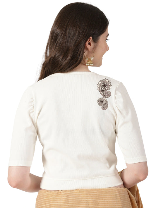 Women Stretchable Rib Square Neck Puff Sleeve Blouse Back Print U0248 Cream