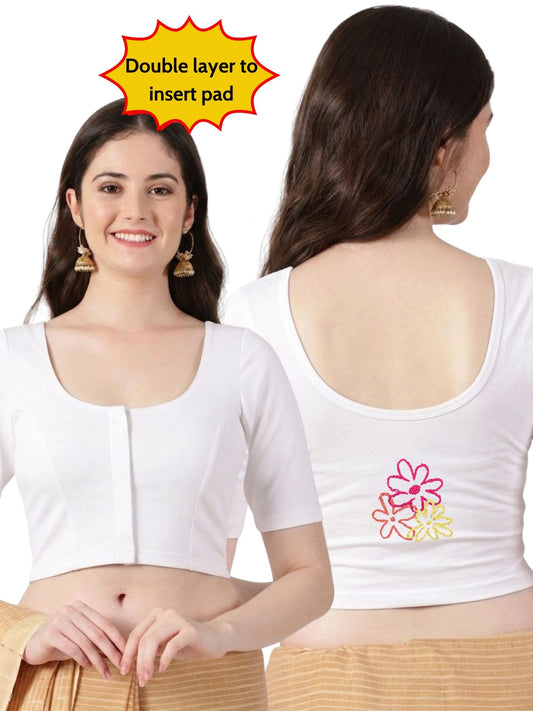 DIY Embroidery Kit with Women Front Open Stretchable Half Sleeve Blouse E06 – White