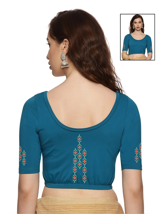 Women Back Printed Stretchable Half Sleeve Blouse U0178 peacock